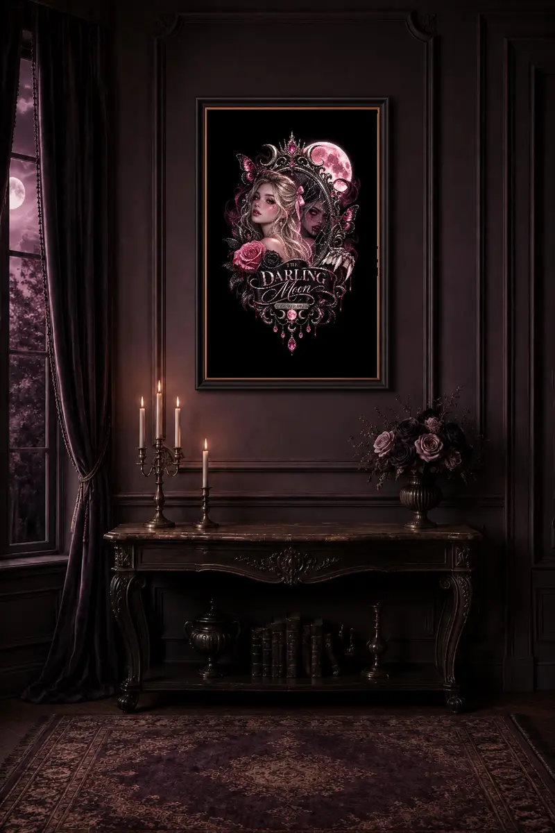 Darling Moon framed artwork in a dark interior