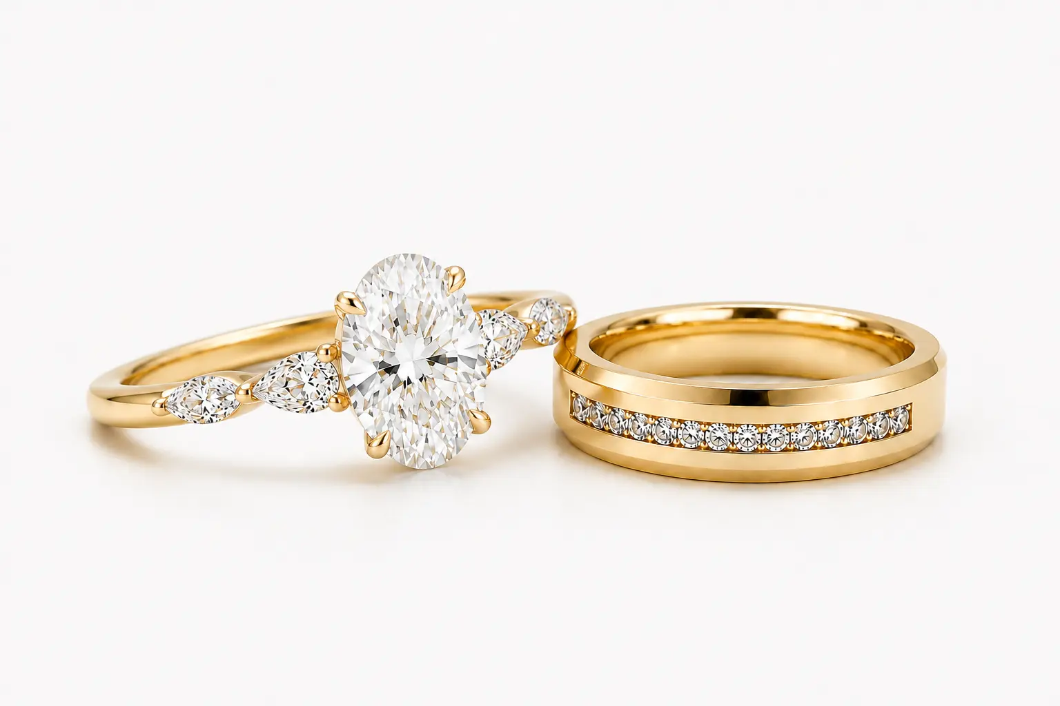 Oval diamond engagement ring resting against a wide gold diamond wedding band