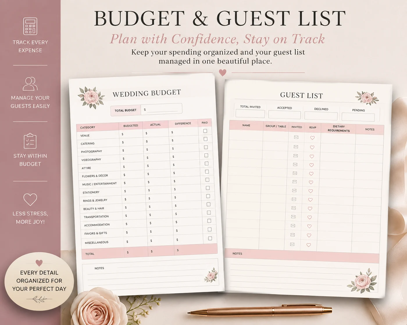 Wedding budget and guest list pages